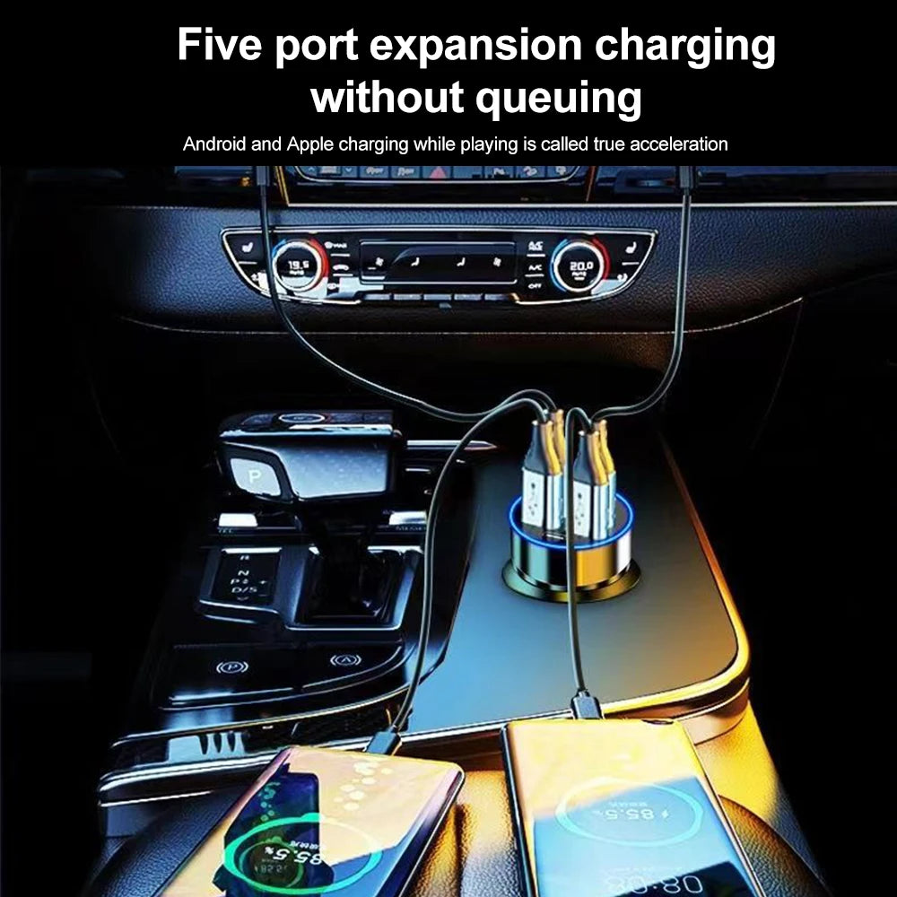 6-Port Fast Car Charger 250W – Multi USB PD & QC3.0 Cigarette Lighter Adapter with LED Display