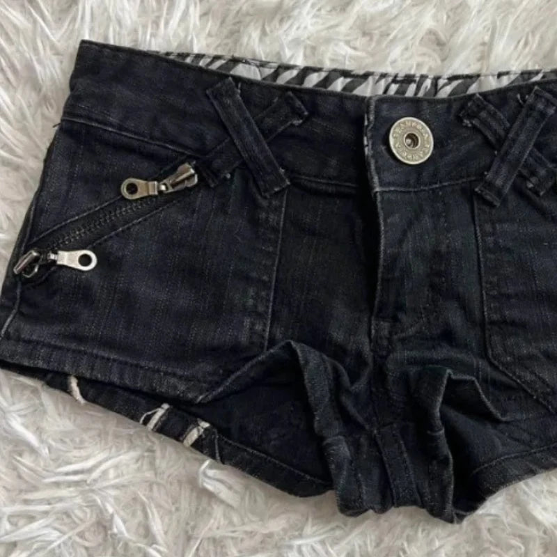 Women Y2K Black Graphic Denim Shorts Slim Fit Hip Hop Streetwear Gothic Mini Shorts