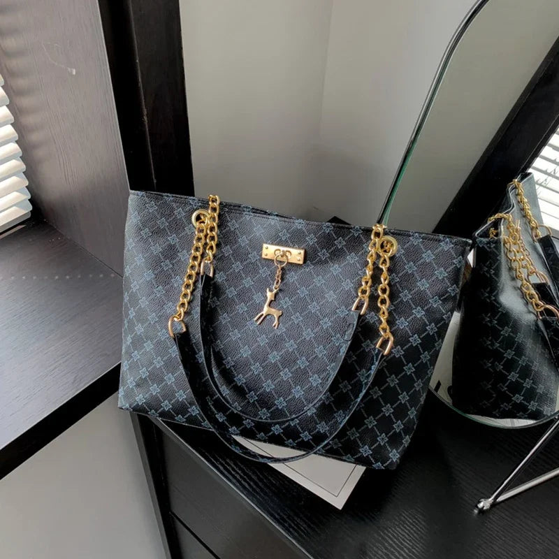 Soft Leather Women Tote Bag Large Capacity Shoulder Bag with Hanging Accessories