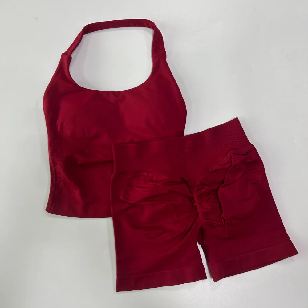 Yoga Set Women Seamless Tank Top High Waist Scrunch Shorts Gym Workout Set