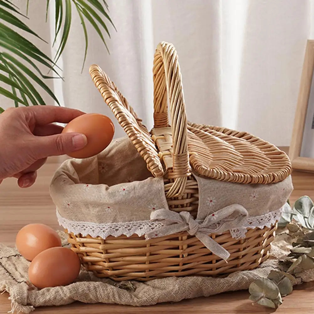 Handmade Wicker Picnic Basket with Handle Willow Storage Hamper Camping Fruit Basket