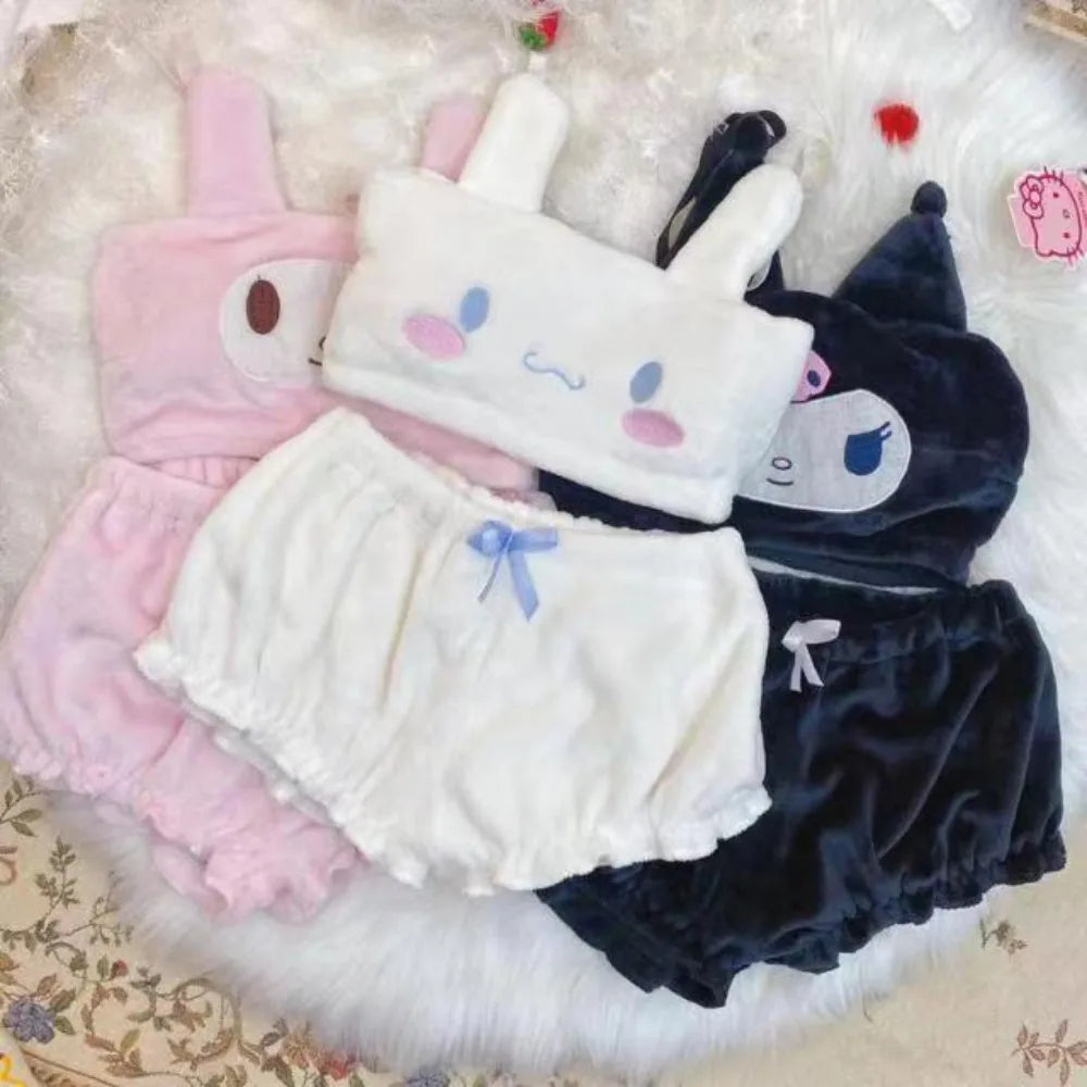 Women’s Cute Cartoon Flannel Suspender Pajama Shorts Set