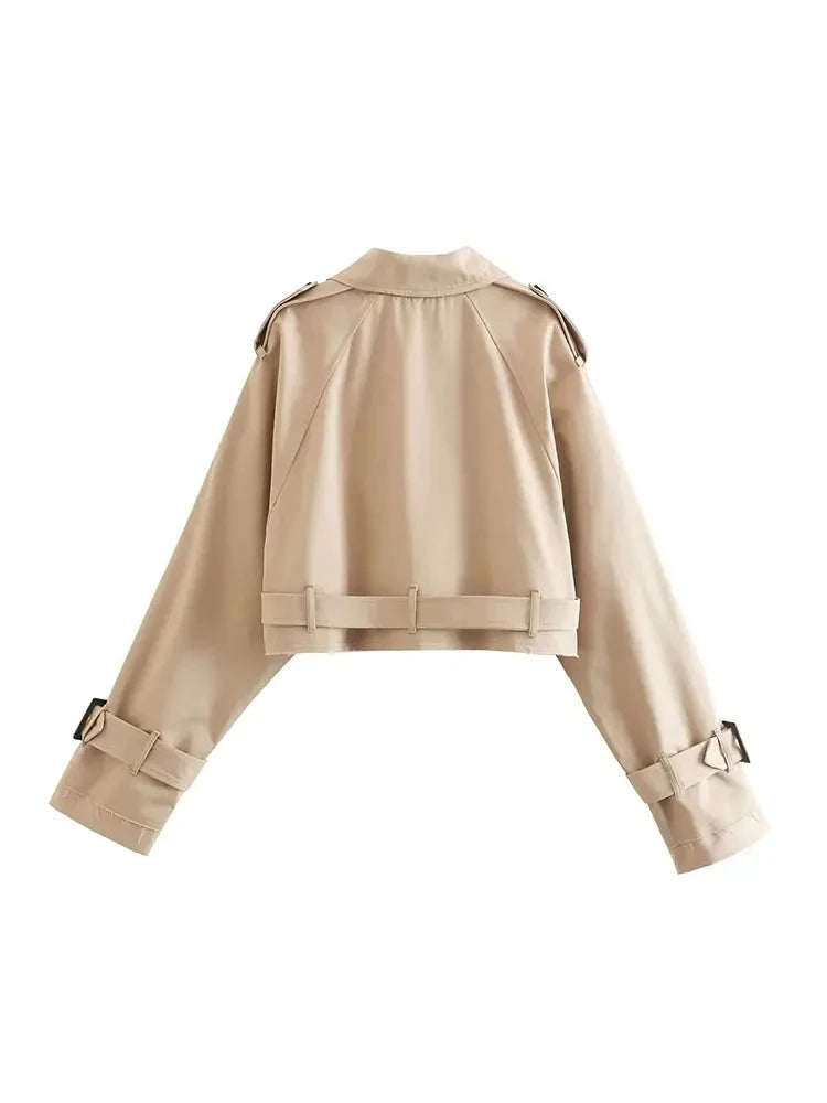 Women Cropped Trench Coat Vintage Double Breasted Belted Spring Jacket