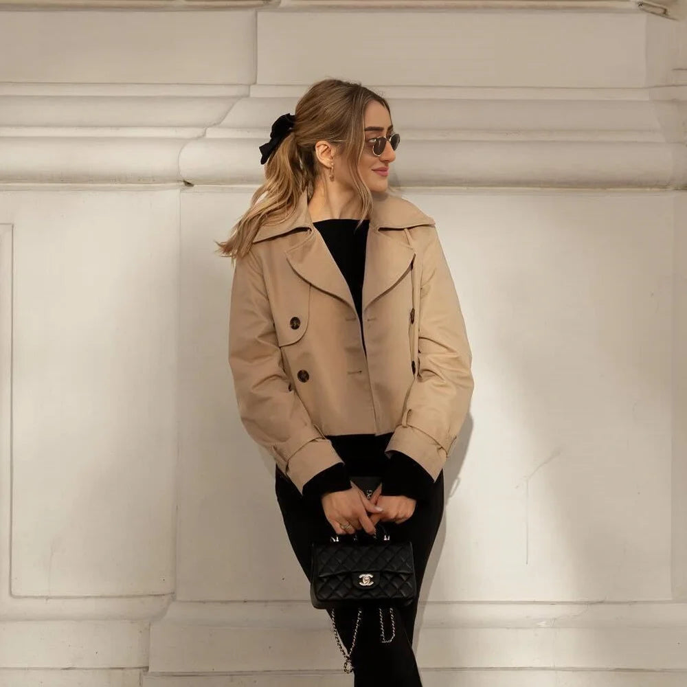 Women Cropped Trench Coat Vintage Double Breasted Long Sleeve Streetwear Jacket