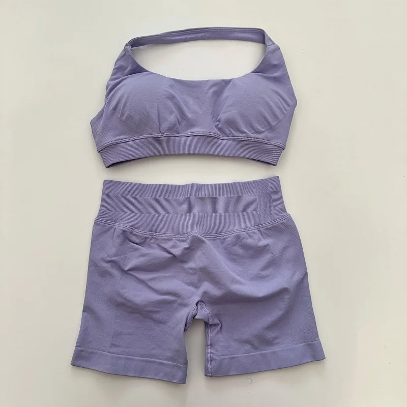 Seamless Yoga Set Halter Sports Bra Scrunch Shorts Gym Workout Fitness Set