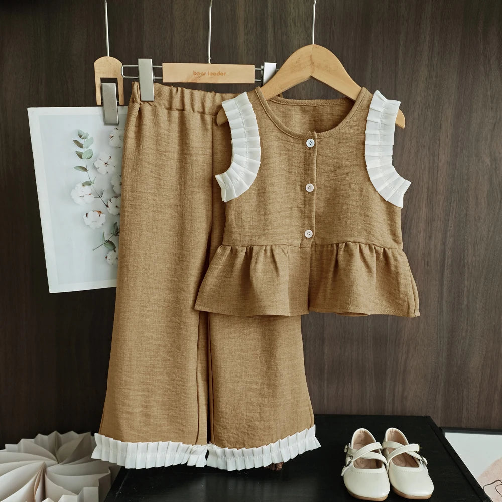 Girls Blue Denim Look Sleeveless Top and Wide Leg Pants Set