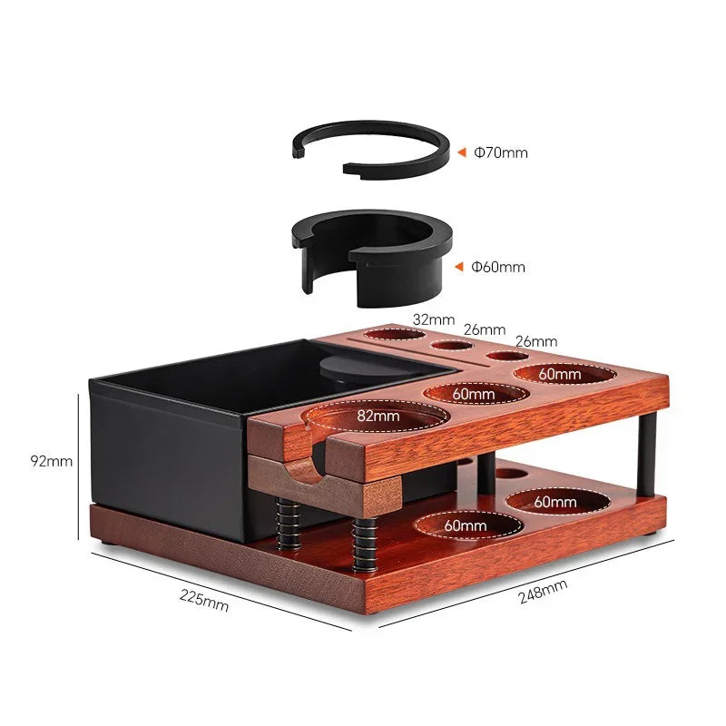 Coffee Tamper Station with Knock Box Wooden Organizer for 51 58mm Portafilter