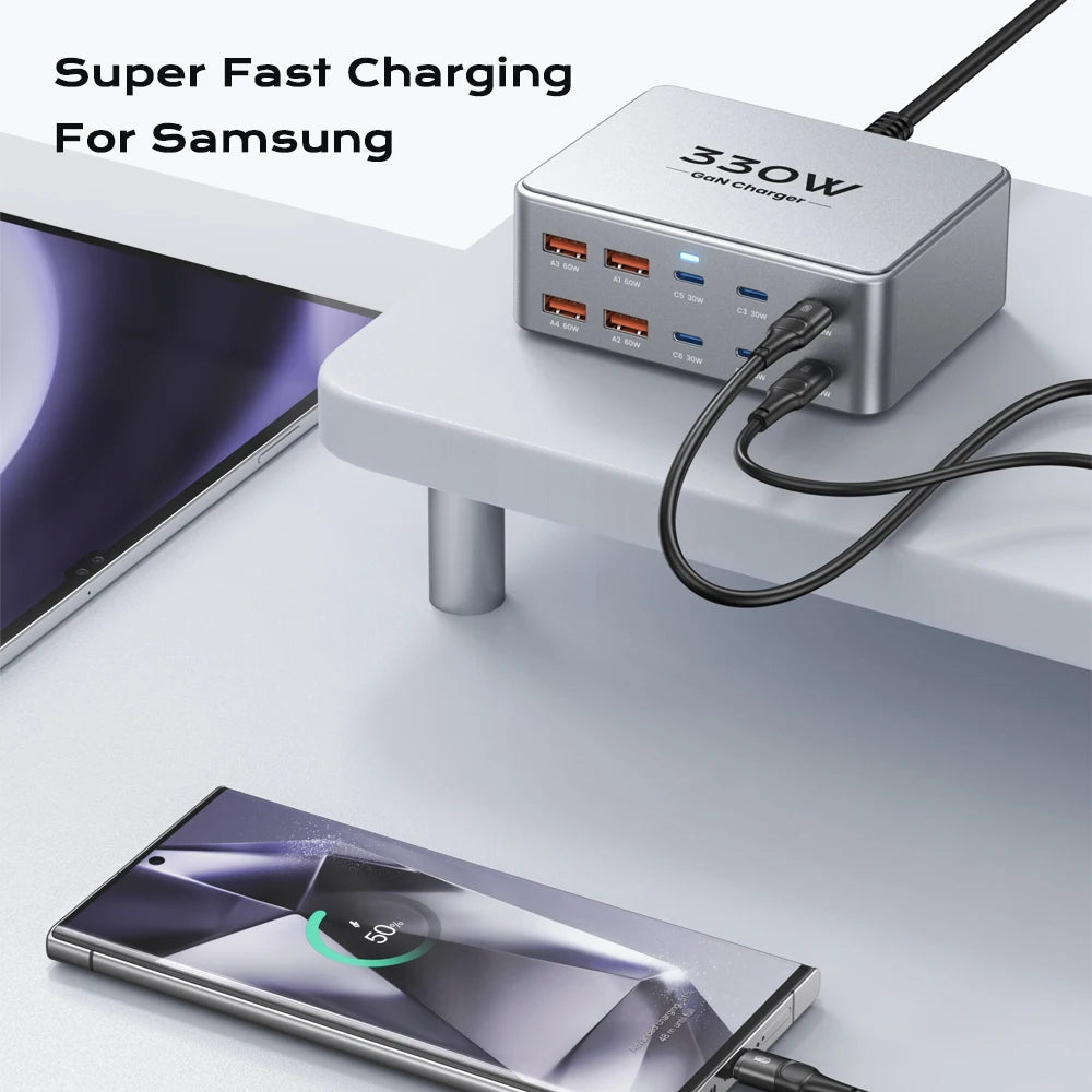 330W USB C GaN Fast Charging Station Multiport PD PPS QC Charger Laptop Phone Tablet