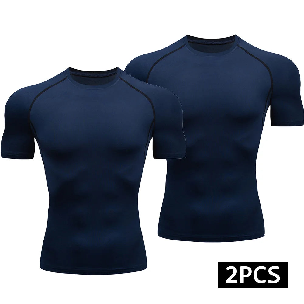 Men 2 Piece Compression T Shirt Set Quick Dry Running Gym Fitness Sport Tops