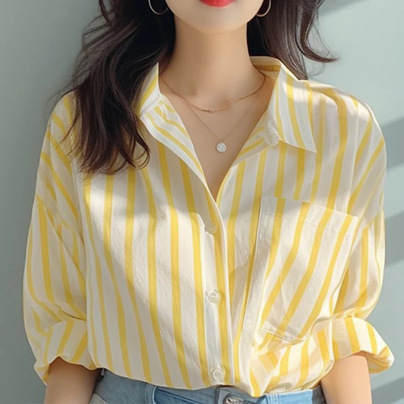 Women Striped Long Sleeve Shirt Yellow White Casual Spring Autumn Top