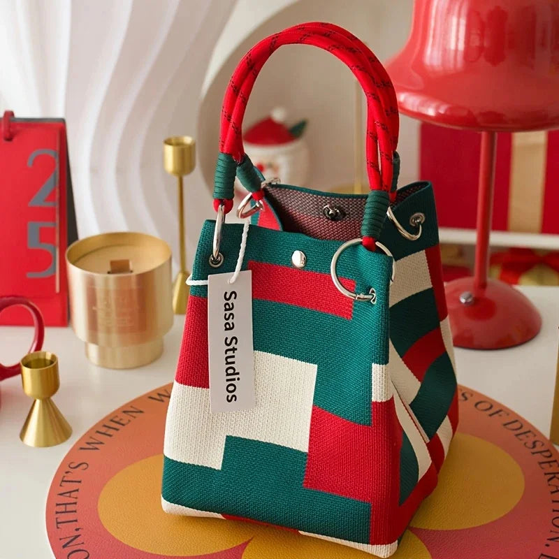 Women Vintage Floral Knit Tote Bag Adjustable Strap