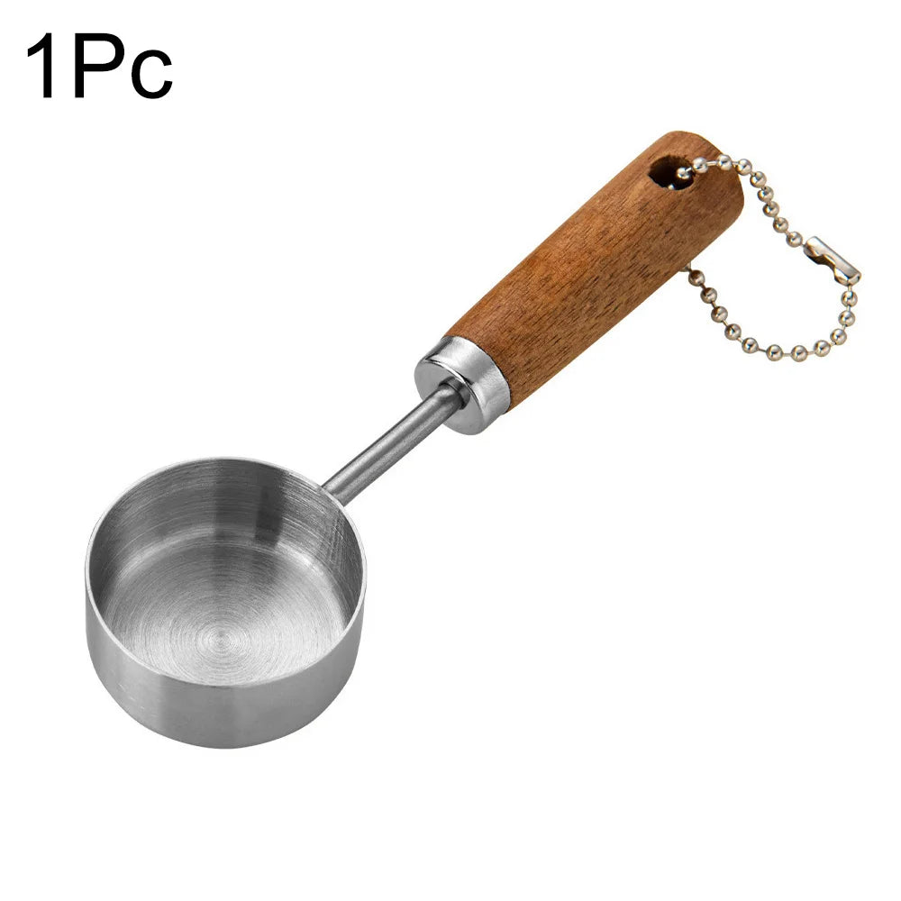 Stainless Steel Measuring Cups Spoons Set Wooden Handle Baking Coffee Tools