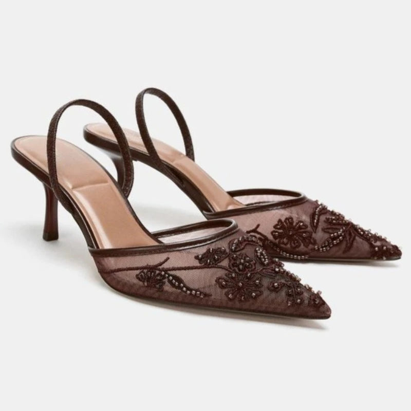 Women Mesh Pointed Toe High Heels Elegant Beaded Pumps Summer Sandals