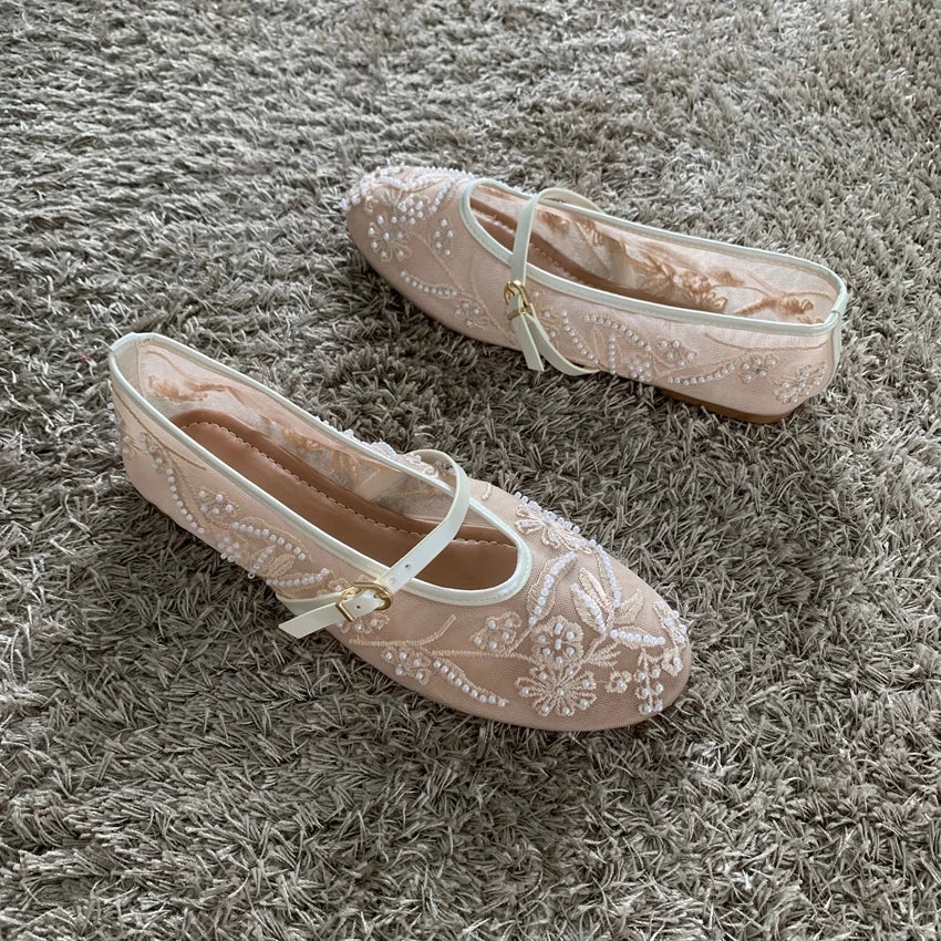 Women Mesh Embroidery Mary Jane Ballet Flats Buckle Breathable Soft Low Heel Shoes