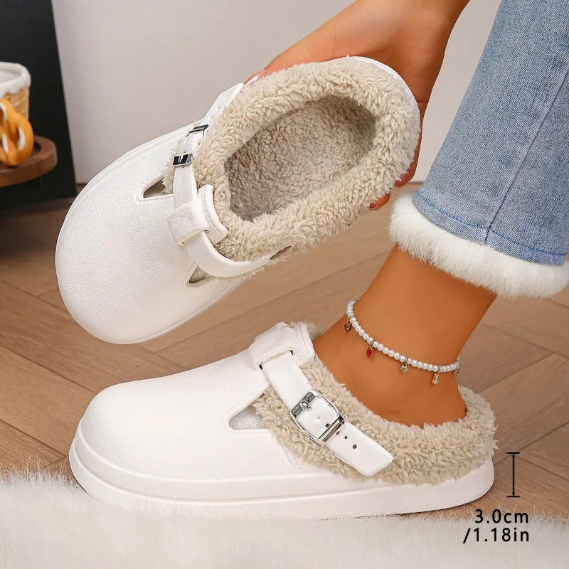 Furry Mule Slippers Women Buckle Winter Plush Warm Indoor Shoes Thick Sole Cozy Slides