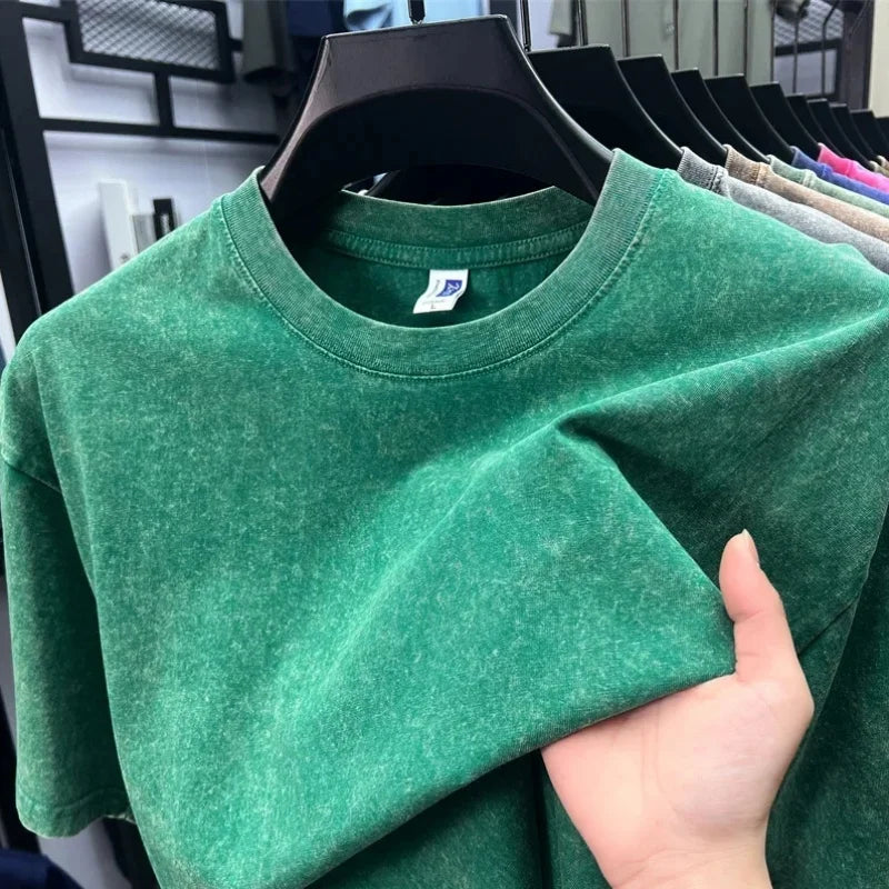 Men Oversized Washed Cotton Vintage T Shirt Loose Fit Short Sleeve Basic Tee