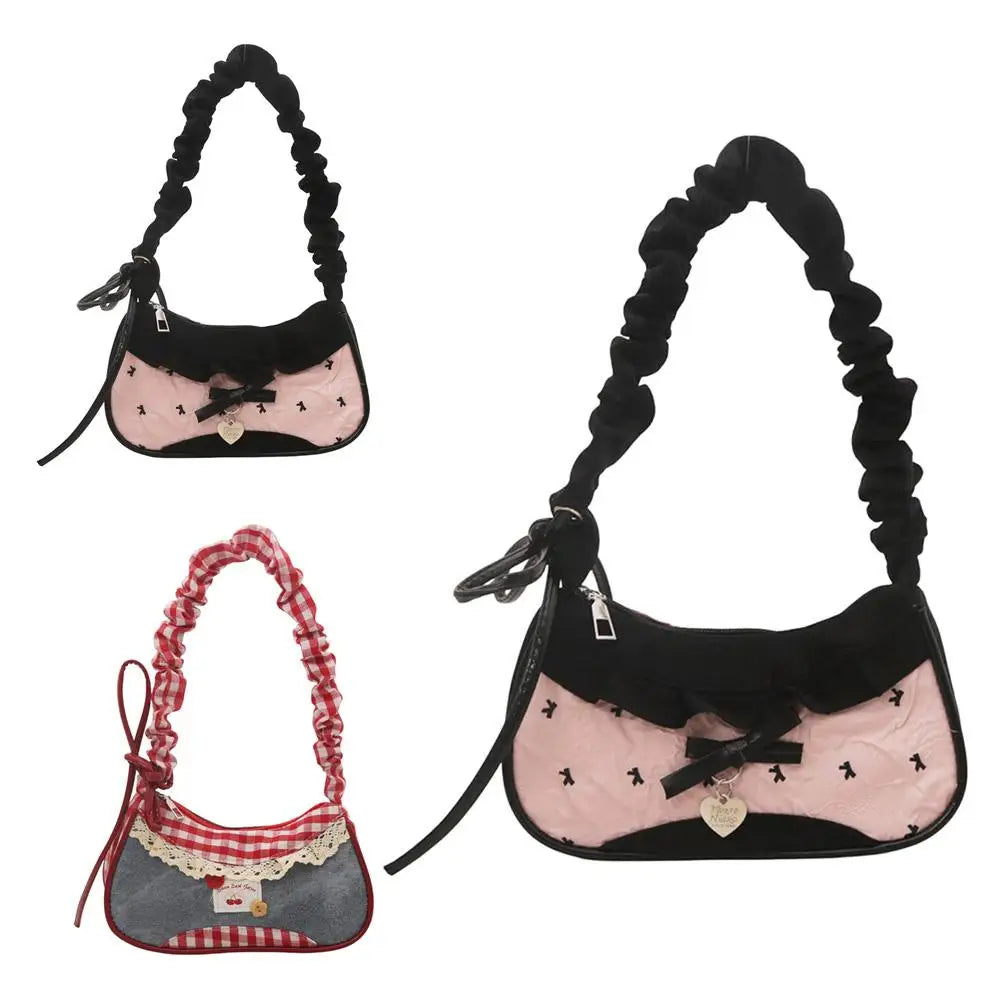 Women Grid Shoulder Bag Lace Ribbon Underarm Handbag