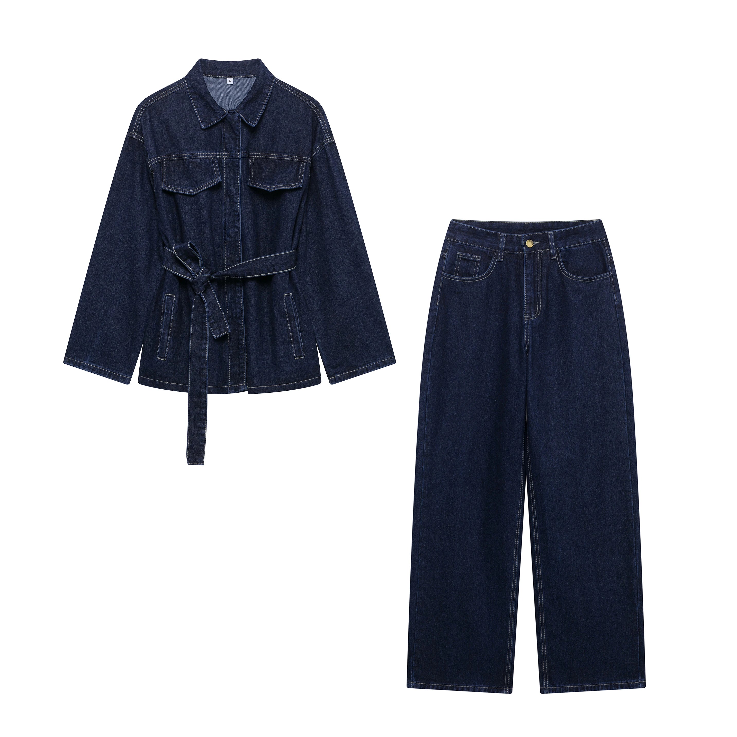 Women Denim Two Piece Set Belted Jacket and Zipper Jeans Outfit