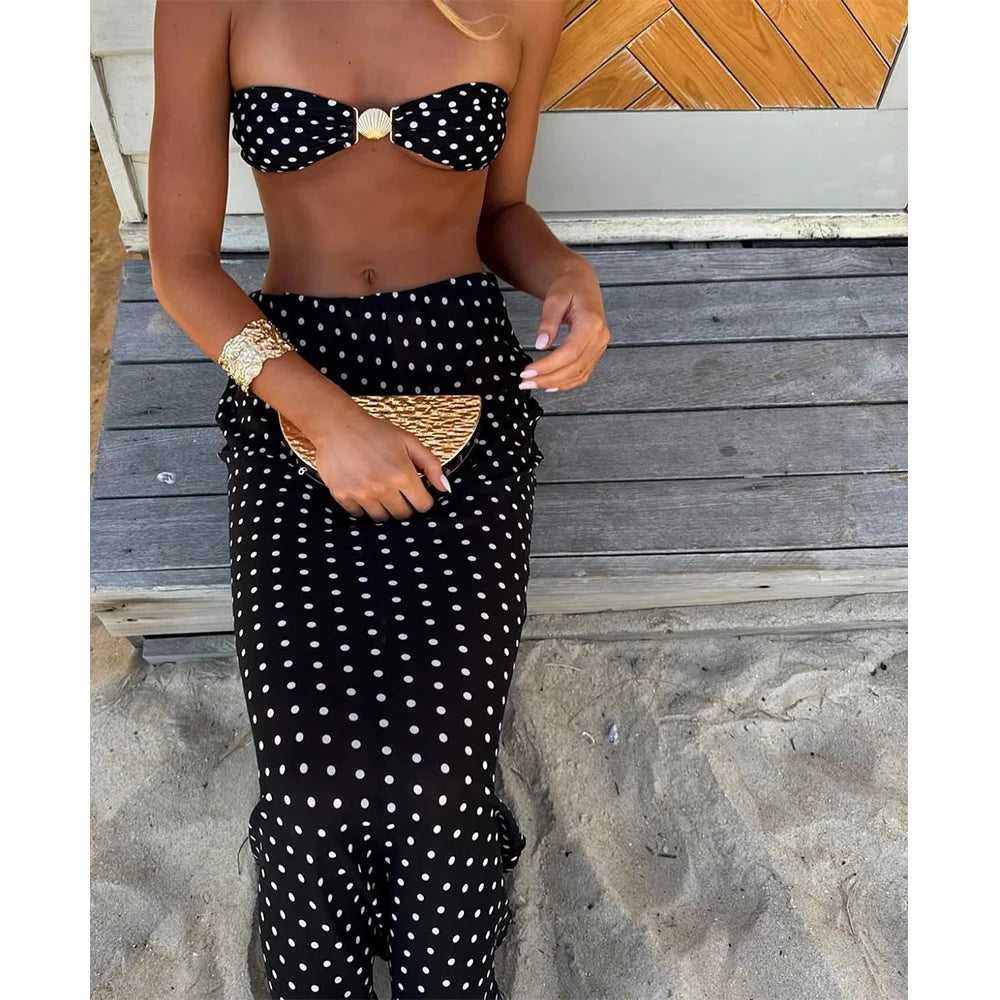 Women 3 Piece Polka Dot Bandeau Bikini Set with Skirt Swimwear Beach Bathing Suit
