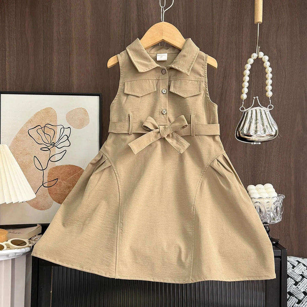 Girls Summer Sleeveless Dress with Waistband Solid Color Kids Outfit