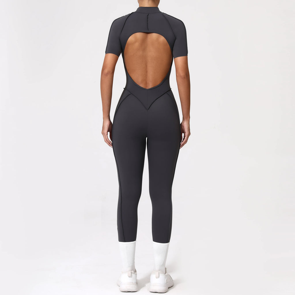 Women Backless Yoga Jumpsuit Zipper Gym Fitness Bodysuit Sportswear