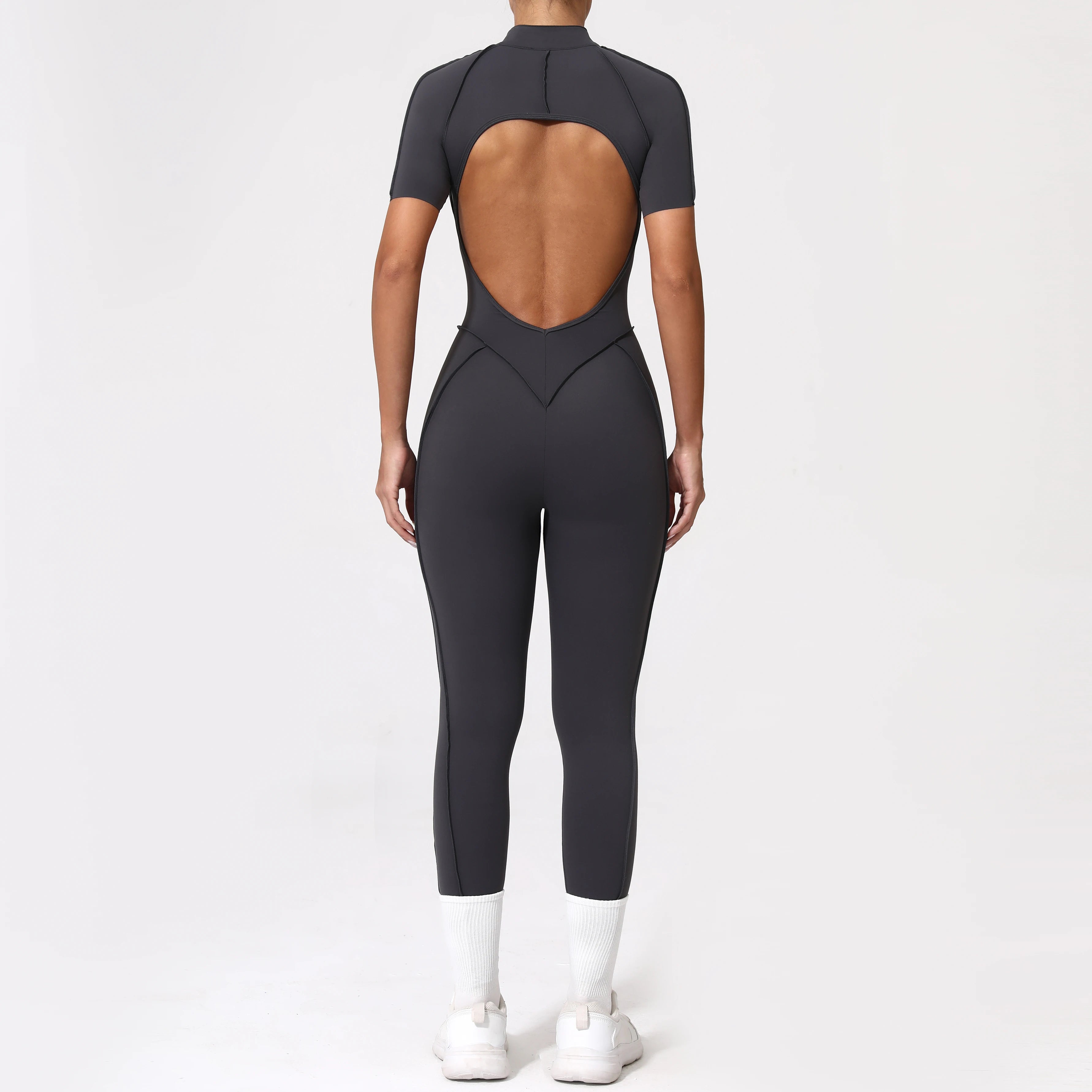 Women Backless Yoga Jumpsuit Zipper Gym Fitness Bodysuit Sportswear