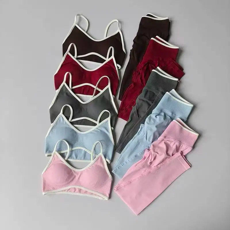 Women Strappy Sports Set Contrast Yoga Suit Shockproof Quick Dry Fitness Pants