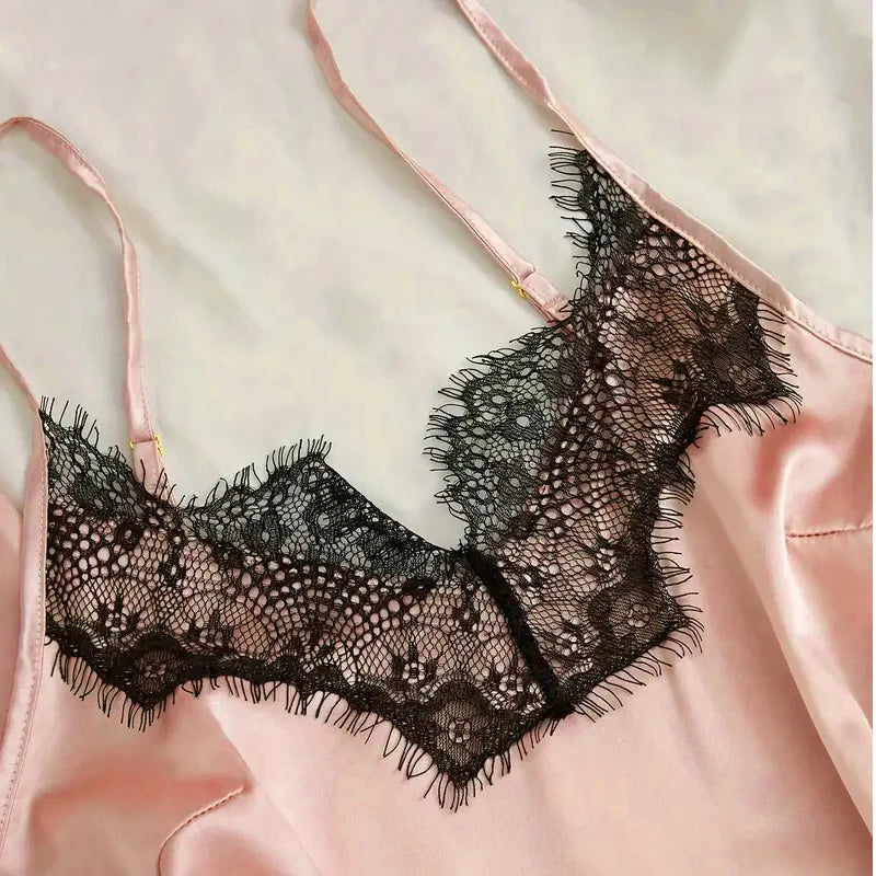 Women’s Pink Satin Pajama Set with Lace Robe Nightdress and Pants