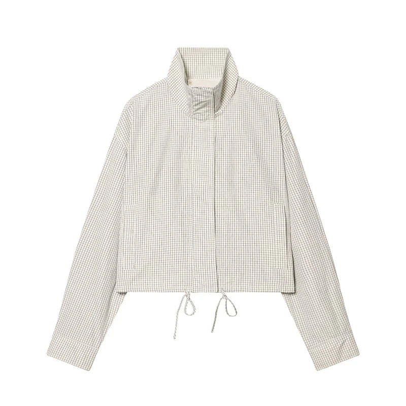 Women Plaid Jacket Stand Collar Long Sleeve Loose Coat Spring Fashion Outerwear Chic