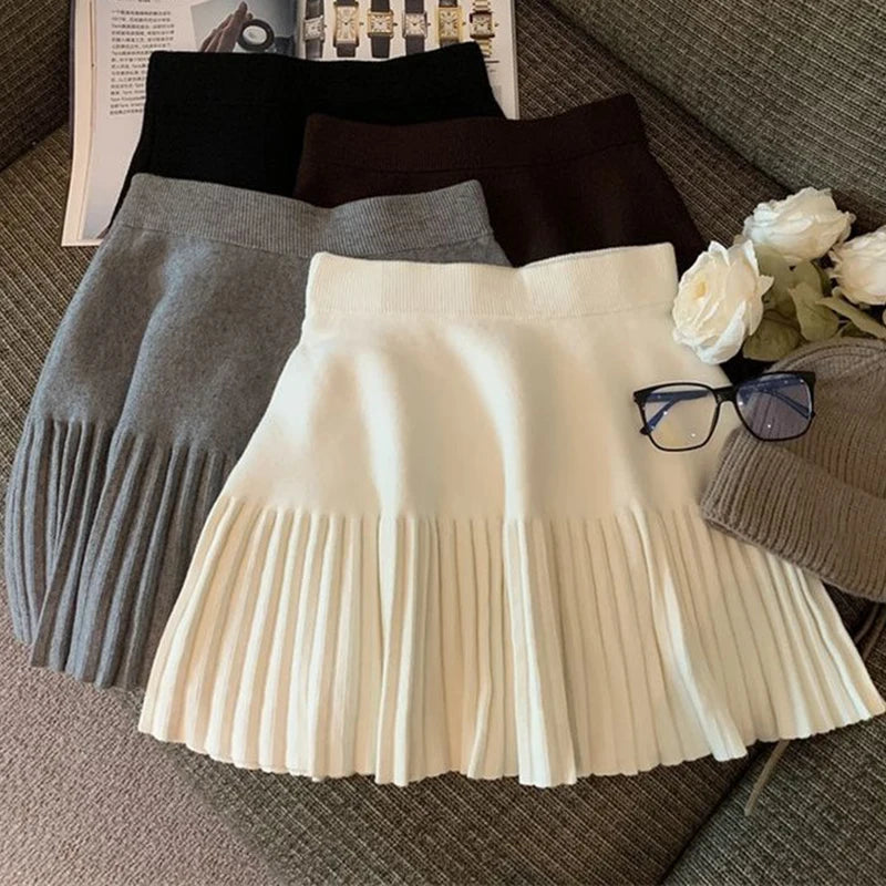 Women Pleated Mini Skirt Elastic Waist Knit Korean Style Casual Skirt