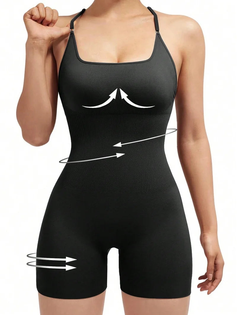 Women Adjustable Fitness Jumpsuit Backless Yoga Romper with Scrunch Shorts