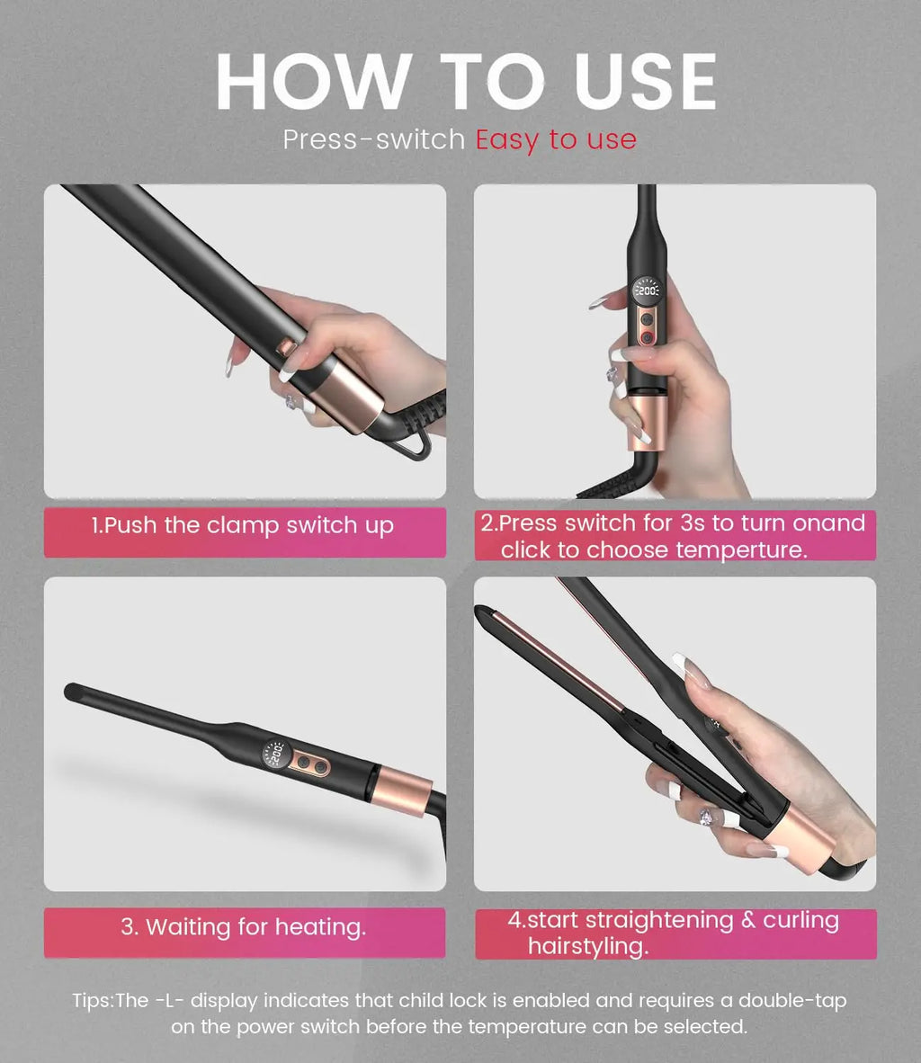 Mini Flat Iron Hair Straightener 1/3 Inch Pencil Travel Portable 2-in-1 Curler Straightener