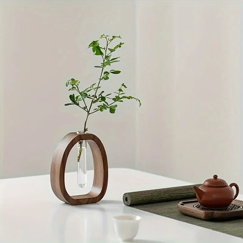 Walnut Wood Hydroponic Vase Glass Plant Holder Mini Flower Arrangement Decor