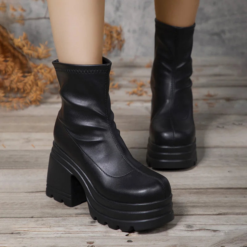 Women Square Toe Short Boots Leather Zipper High Heel Thick Sole Fashion Shoes