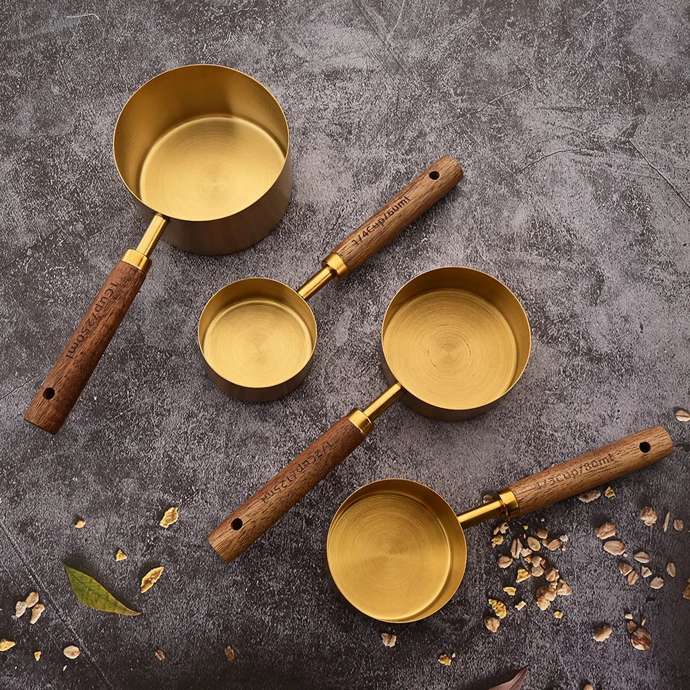 Stainless Steel Measuring Cups Spoons Set Wooden Handle Baking Coffee Tools