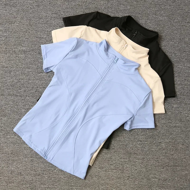 Women’s Slim Fit Full Zip Yoga Shirt Quick Dry Short Sleeve Training Top