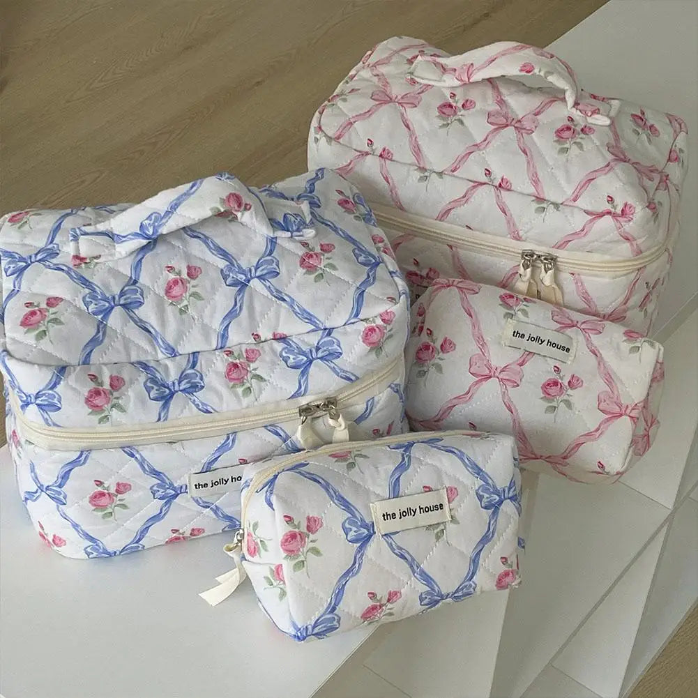 Women Quilted Makeup Bag Cute Bow Flower Zipper Cosmetic Organizer Toiletry Case