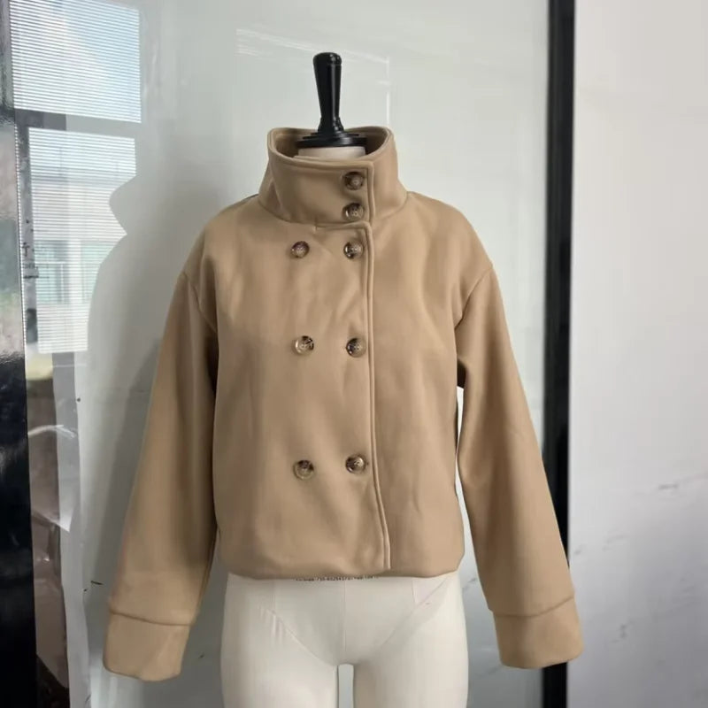 Women Stand Collar Wool Blend Jacket Loose Zip Up Coat