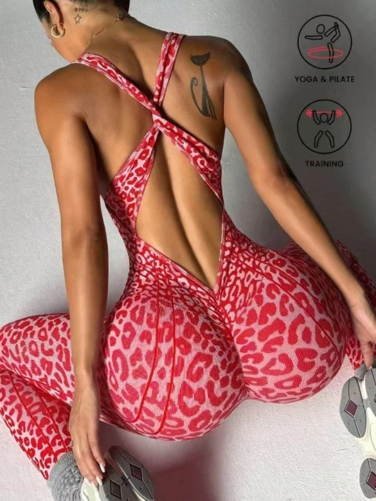 Leopard Print Yoga Jumpsuit Women Open Back Gym Bodysuit V Neck Slim Fit Fitness One Piece