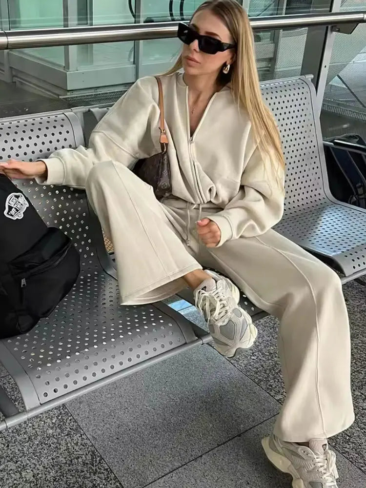 Women Two Piece Set Retro Bomber Jacket and High Waist Wide Leg Pants Streetwear Outfit
