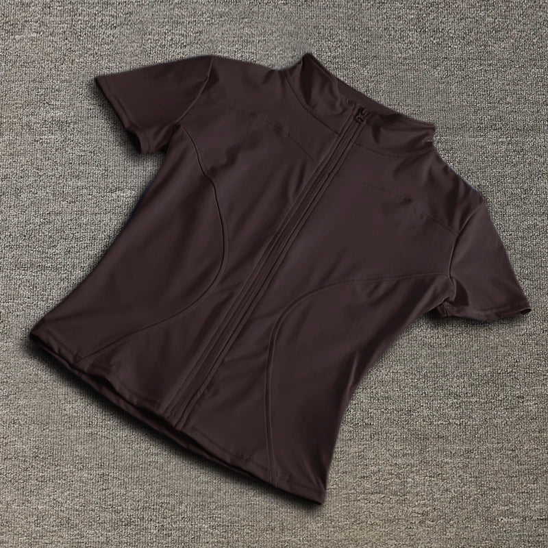 Women’s Slim Fit Full Zip Yoga Shirt Quick Dry Short Sleeve Training Top