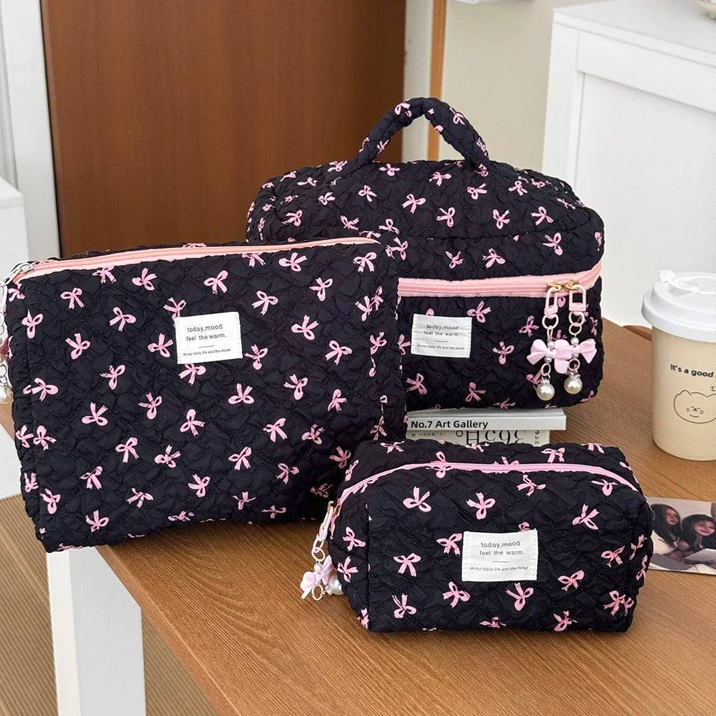 Pink Strawberry Quilted Cosmetic Travel Makeup Storage Bag