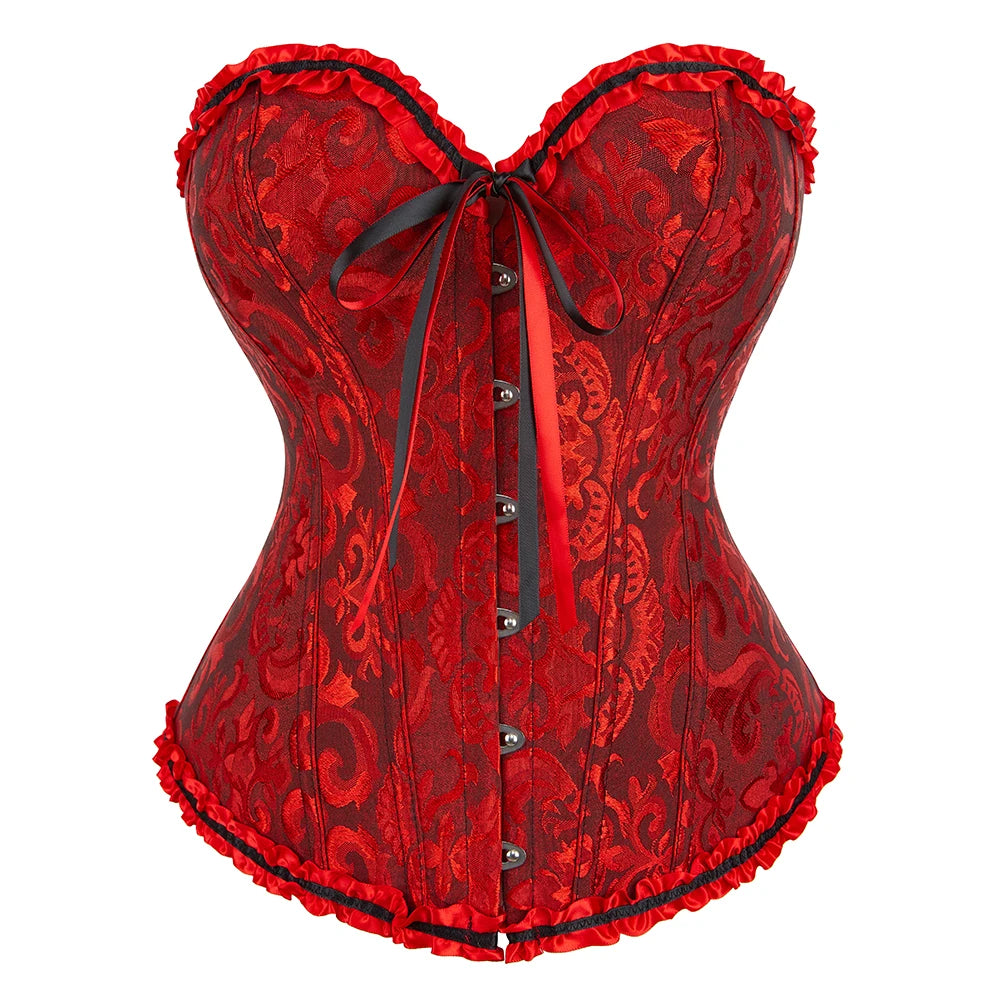 Women Floral Jacquard Corset Lace Up Bustier Top