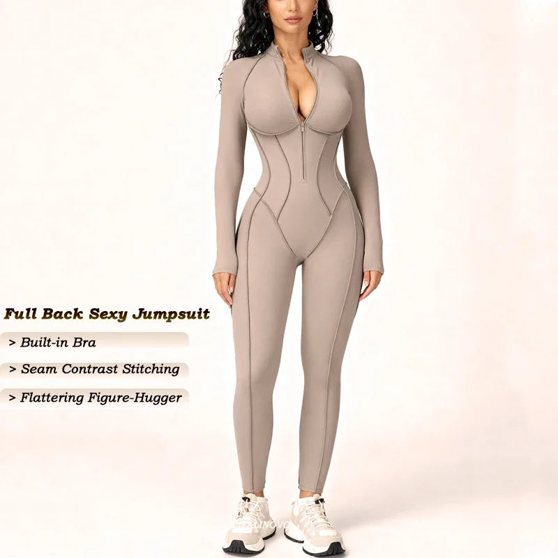 Women Zip Up Athletic Romper Onesie Workout Jumpsuit