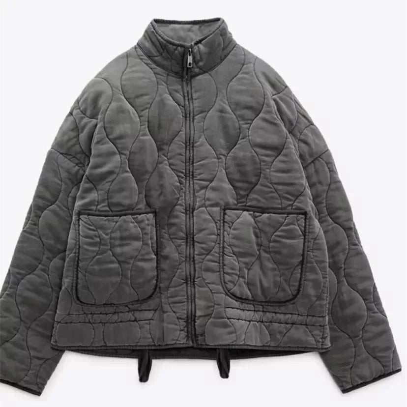 Women Quilted Padded Jacket High Collar Large Pocket Vintage Winter Coat