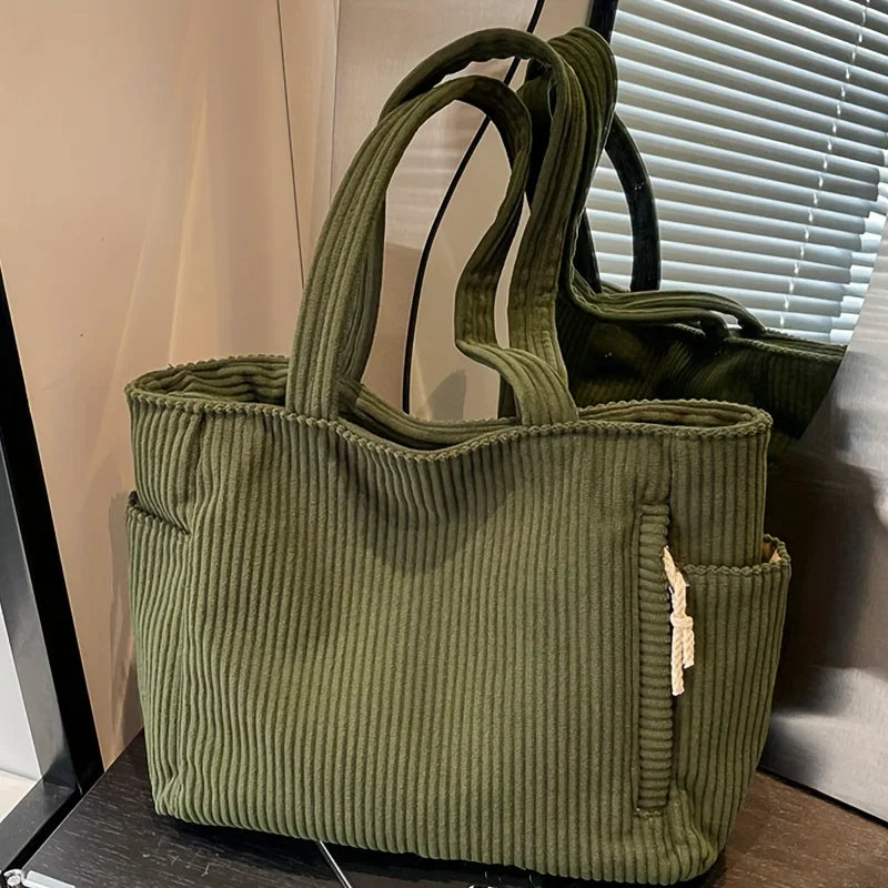 Corduroy Shoulder Handbag Large Capacity Zipper Casual Daily Tote Bag