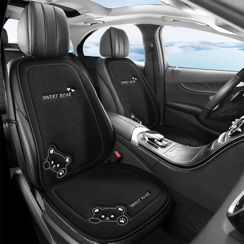 Cute Bear Car Seat Cushion Breathable Anti Slip Linen Seat Cover Universal