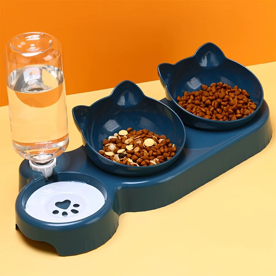 3 in 1 Tilted Cat Bowl Set with Gravity Water Feeder Neck Protection Design