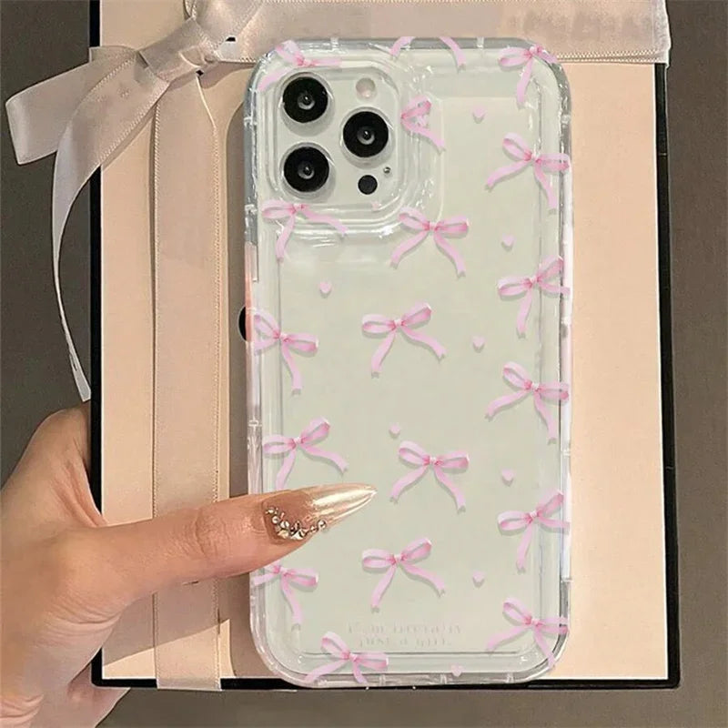 Cute Pink Heart Bow Shockproof Clear iPhone Case