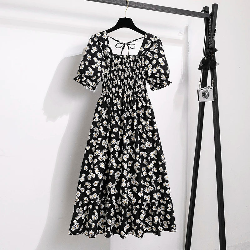 Women’s Chiffon A-Line Dress Short Sleeve Pleated Elastic Waist Casual Summer Dress